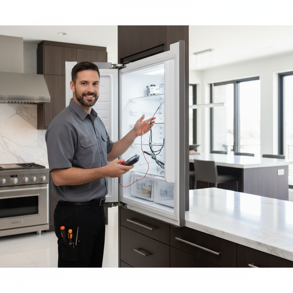 Professional technician inspecting a built-in refrigerator